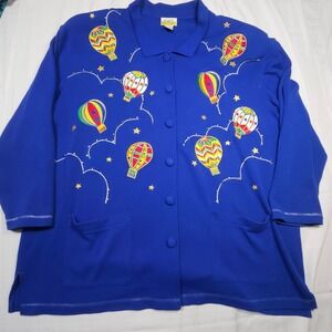 CST Sport Blue Hot Air‎ Balloon Embroidered Button Up Cardigan Sweater 2X